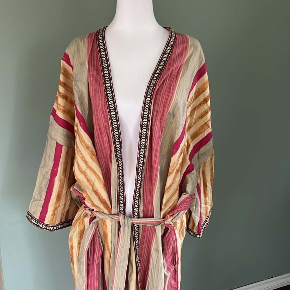 Free People Intimately Free Meadowsweet Kimono Robe Cotton Striped Embroidered - Picture 9 of 13